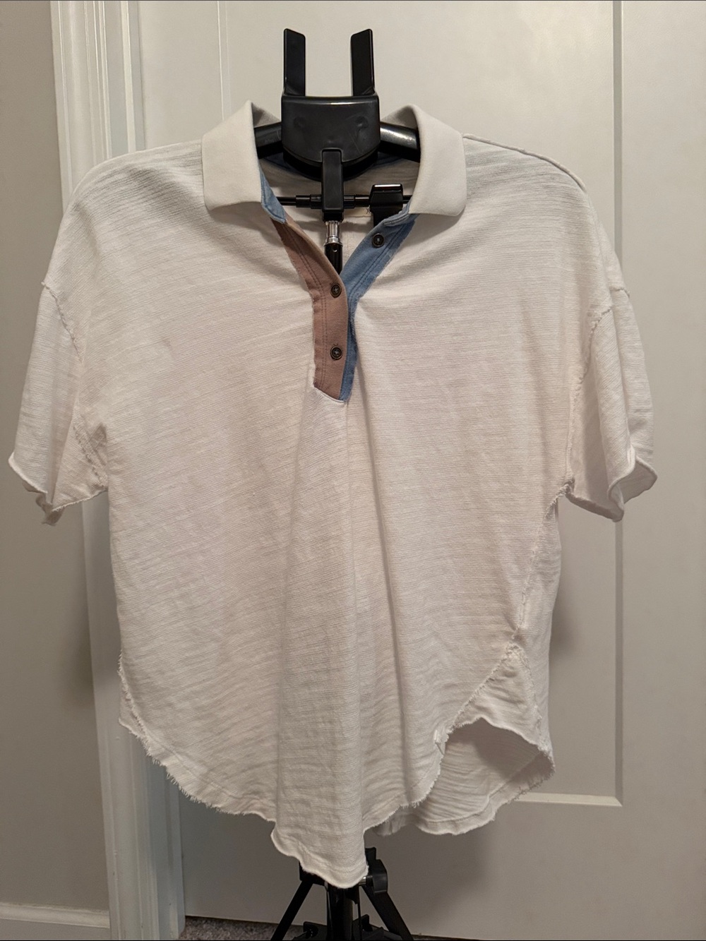 We The Free White Polo with Blue and Brown Contrast Placket